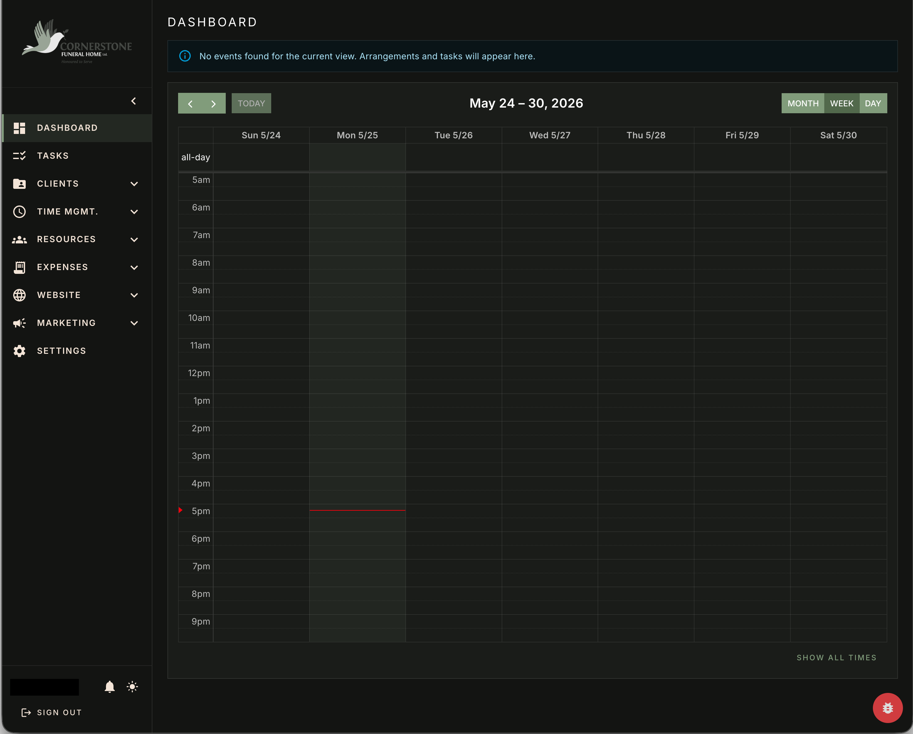 Cornerstone staff portal dashboard — calendar view